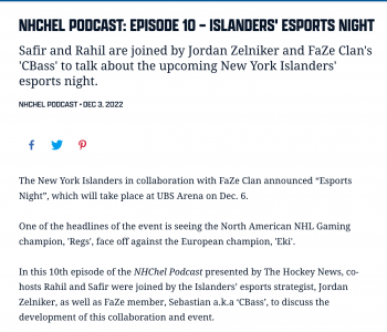 New York Islanders and The Faze Clan Collaborate for Esports Night on Dec. 6th